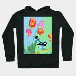 Abstract Blue Wren and Tulips Painting - on Blue and Light Green Hoodie